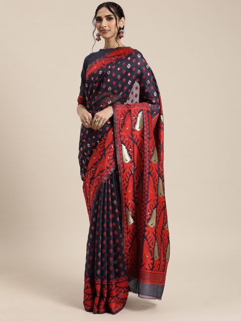 

Mitera Red & Navy Blue Cotton Blend Woven Design Kanjeevaram Saree
