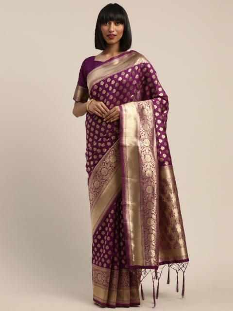 

Mitera Violet & Gold-Toned Silk Blend Woven Design Kanjeevaram Saree
