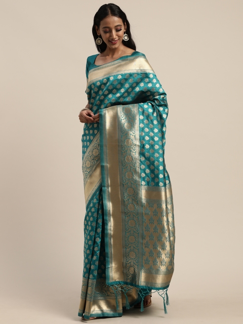 Mitera Teal Blue & Gold-Toned Silk Blend Woven Design Kanjeevaram Saree