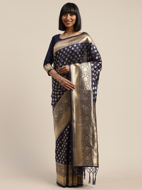

Mitera Navy Blue & Gold-Toned Silk Blend Woven Design Kanjeevaram Saree