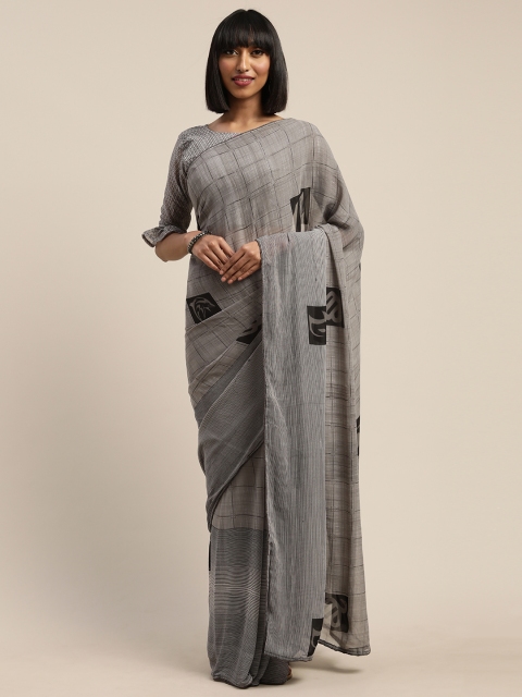 

Mitera Grey Cotton Blend Checked Dharmavaram Saree