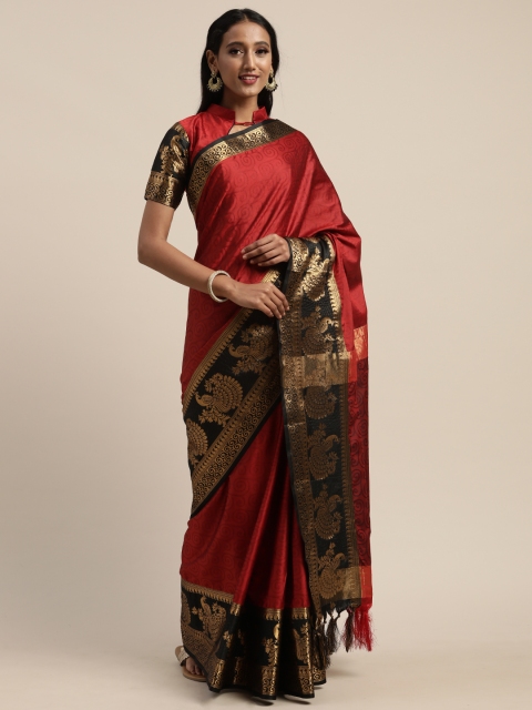 

Mitera Maroon Silk Blend Solid Kanjeevaram Saree