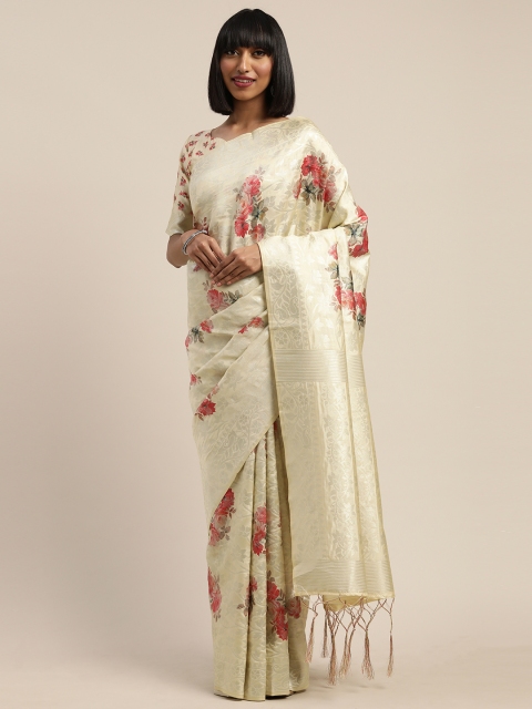 

Mitera Cream-Coloured & Red Silk Blend Printed Kanjeevaram Saree