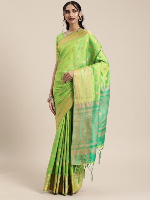 

Mitera Green & Gold-Toned Silk Blend Woven Design Kanjeevaram Saree