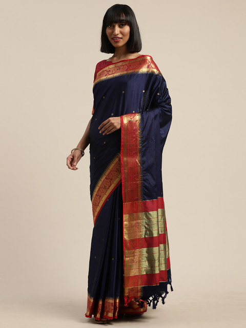

Mitera Navy Blue Silk Cotton Woven Design Paithani Saree