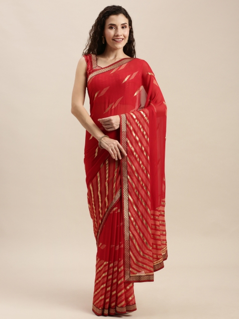 

Mitera Red & Gold-Coloured Cotton Blend Striped Dharmavaram Celebrity Saree