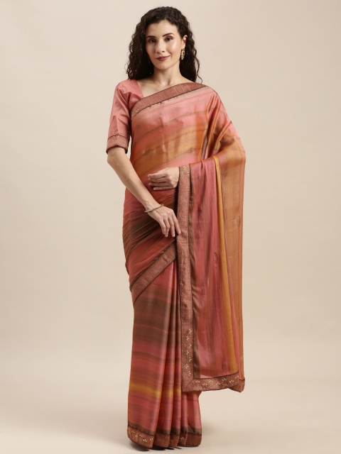 

Mitera Pink & Gold-Toned Cotton Blend Striped Dharmavaram Saree