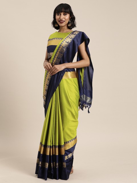 

Mitera Lime Green Silk Cotton Solid Paithani Saree