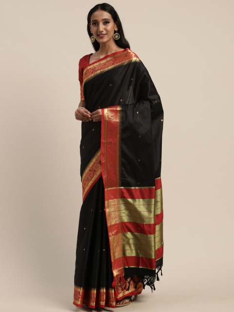 

KALINI Black & Gold-Toned Silk Cotton Woven Design Paithani Saree