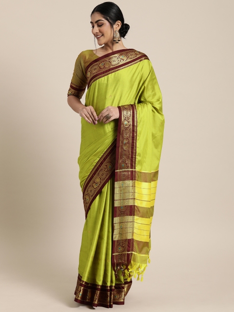 

Mitera Lime Green & Brown Silk Cotton Woven Design Paithani Saree