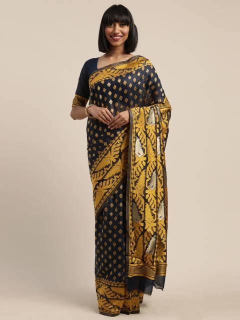 

Mitera Black & Mustard Yellow Cotton Blend Woven Design Jamdani Saree