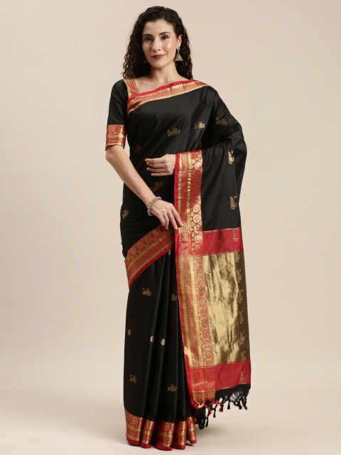

Mitera Black & Gold-Toned Silk Cotton Woven Design Paithani Saree