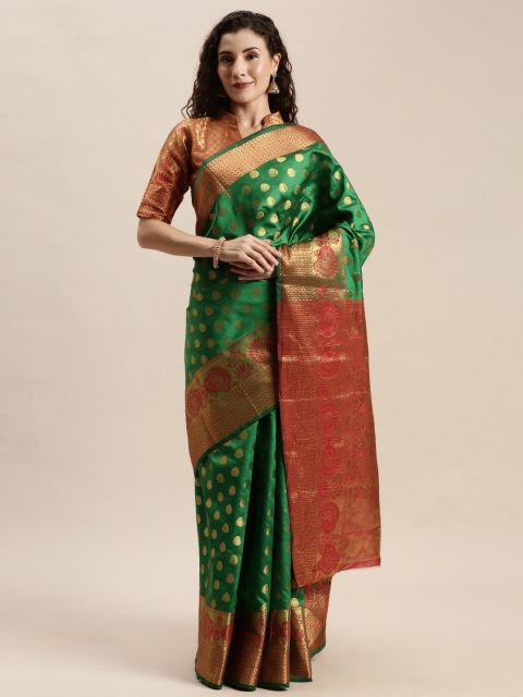

Mitera Green & Red Silk Blend Woven Design Kanjeevaram Celebrity Saree