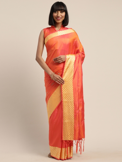 

Mitera Orange & Golden Silk Blend Embroidered Kanjeevaram Saree
