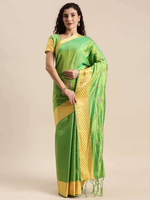 

Mitera Green & Yellow Silk Blend Embroidered Kanjeevaram Saree