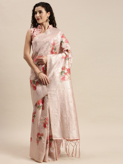 

Mitera Pink & Silver-Toned Silk Blend Printed Kanjeevaram Saree