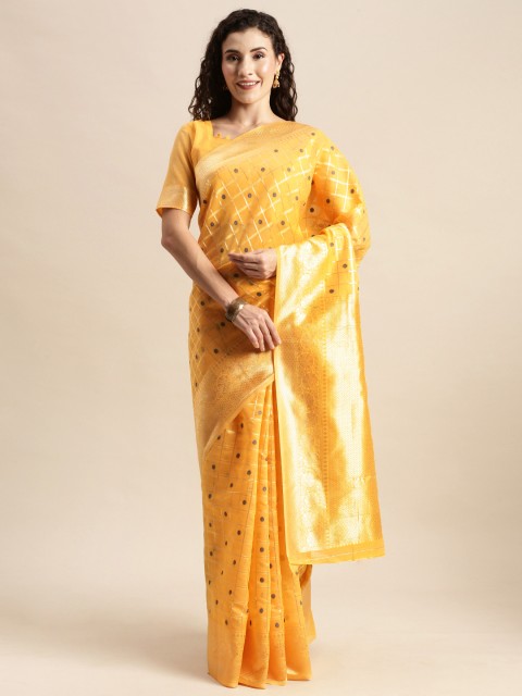 

Mitera Yellow & Black Silk Cotton Checked Kanjeevaram Celebrity Saree