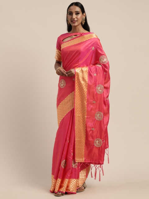 

Mitera Pink Silk Blend Embroidered Kanjeevaram Saree
