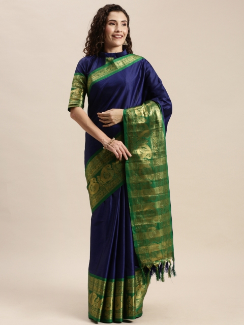 

Mitera Navy Blue & Green Silk Blend Solid Kanjeevaram Celebrity Saree