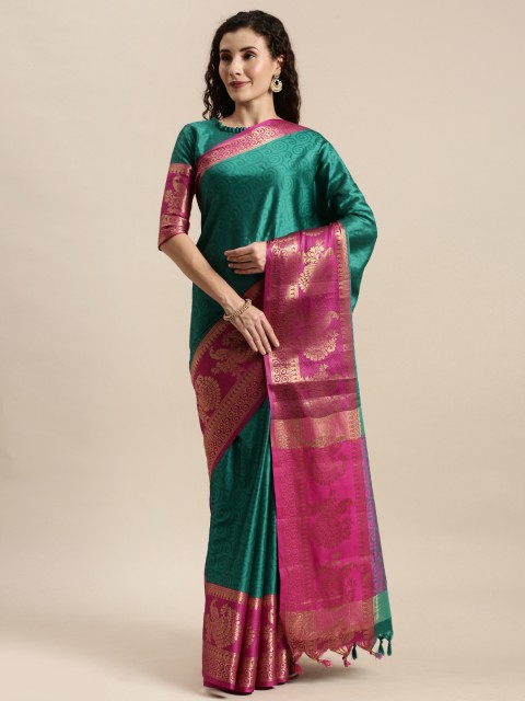 

Mitera Green & Pink Silk Blend Solid Kanjeevaram Saree