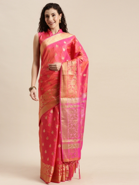 

Mitera Pink & Gold-Coloured Silk Blend Woven Design Kanjeevaram Celebrity Saree