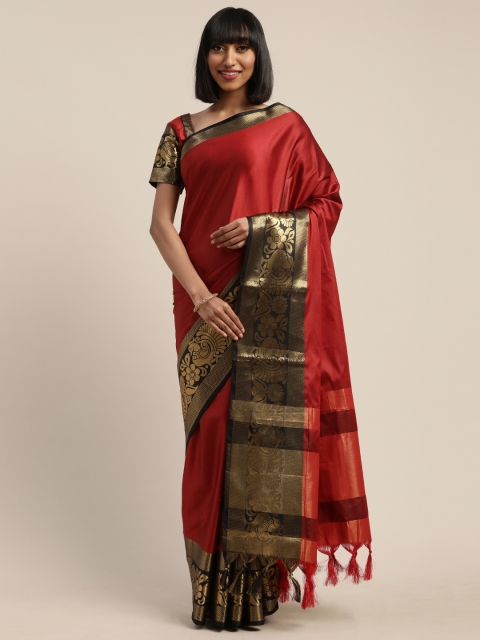 

Mitera Red & Golden Silk Blend Solid Kanjeevaram Saree