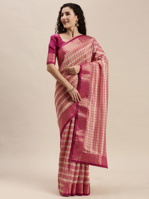 

Mitera Pink & Beige Silk Blend Checked Kanjeevaram Saree