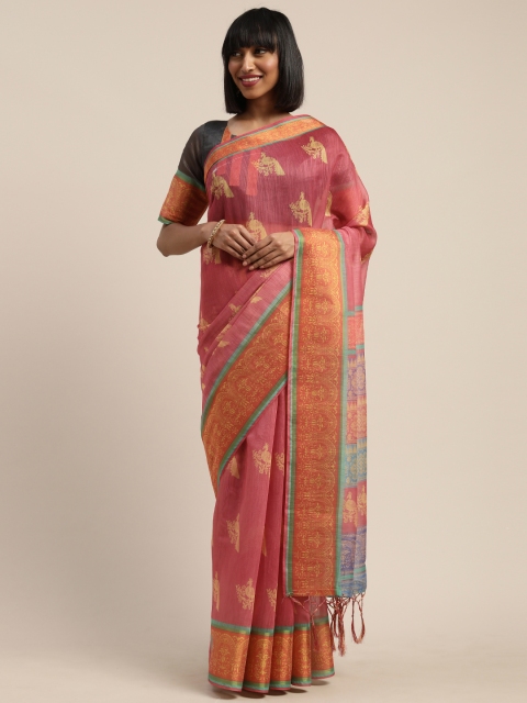 

Mitera Pink & Beige Linen Blend Printed Pochampally Saree