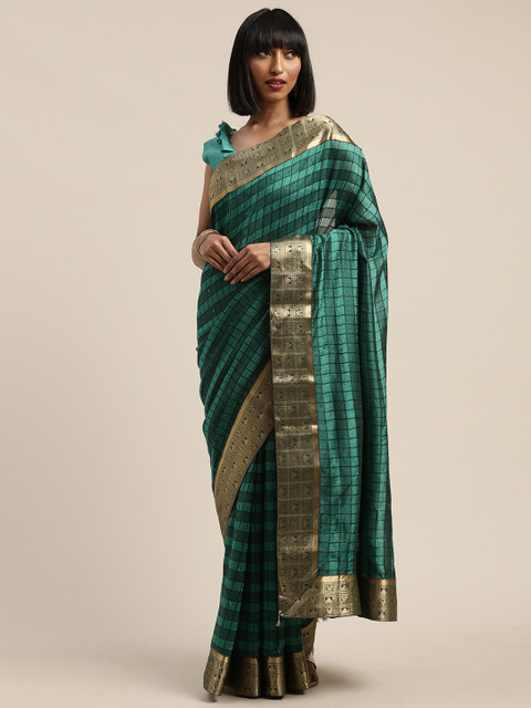 

Mitera Blue & Green Silk Blend Checked Kanjeevaram Saree