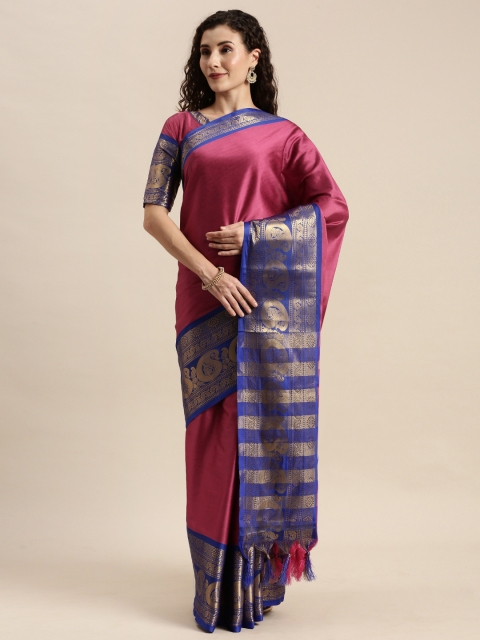

Mitera Pink & Navy Blue Silk Blend Solid Kanjeevaram Saree