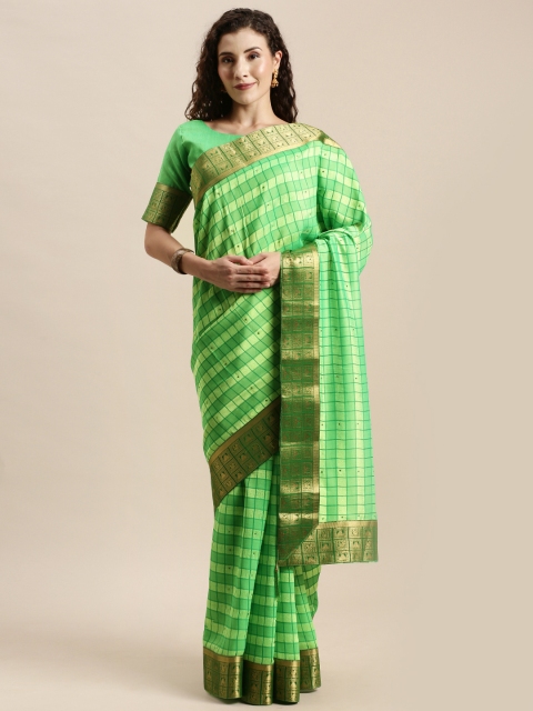 

Mitera Green Silk Blend Checked Kanjeevaram Saree