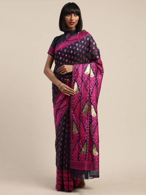 

Mitera Pink & Black Cotton Blend Woven Design Kanjeevaram Saree