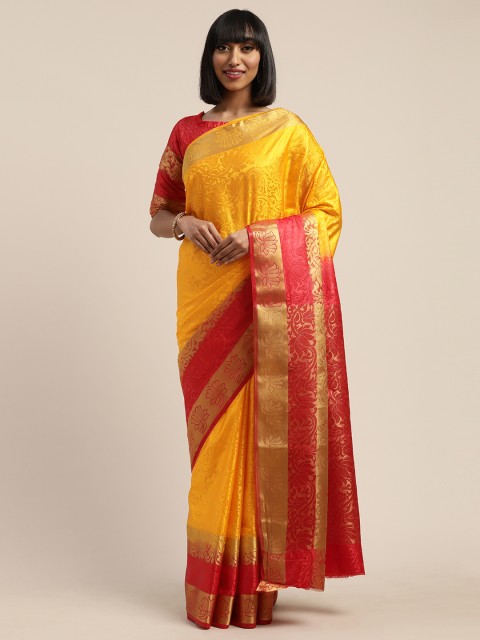 

Mitera Yellow & Red Nylon Woven Design Kanjeevaram Saree