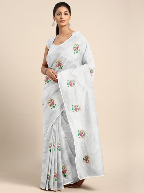 

KALINI White & Green Cotton Blend Embroidered Chanderi Saree