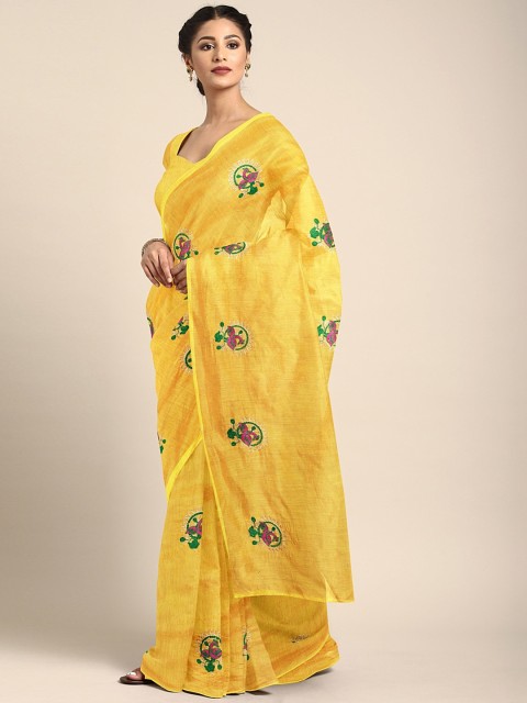 

KALINI Yellow & Pink Chanderi Cotton Embroidered Saree