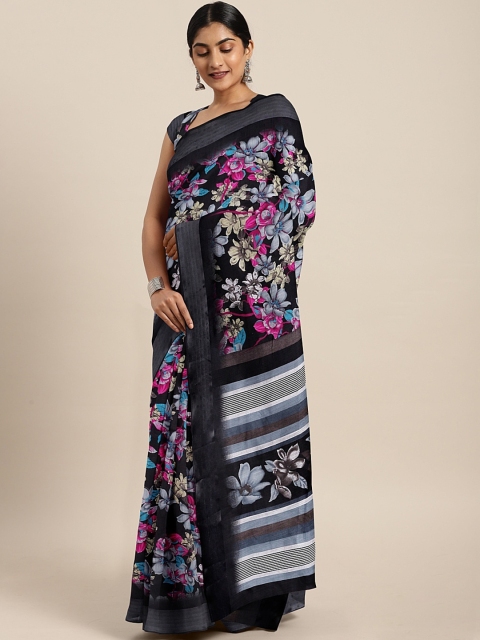 

KALINI Black & Pink Cotton Blend Floral Printed Pochampally Saree