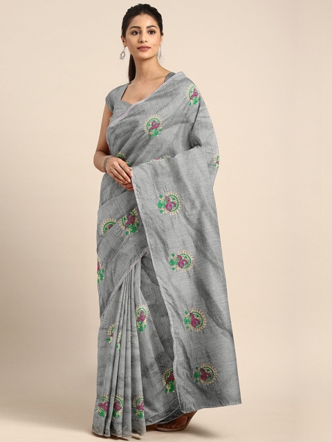 

KALINI Grey & Green Cotton Blend Embroidered Chanderi Saree