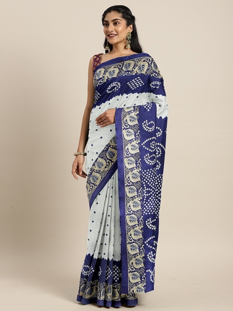 

KALINI Off-White & Navy Blue Art Silk Printed Mysore Silk Saree