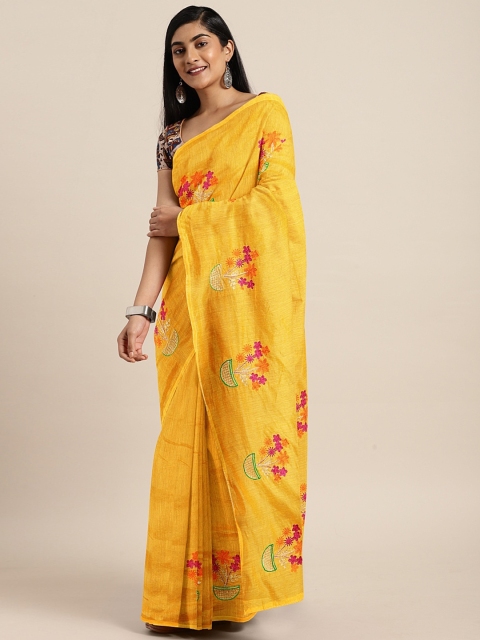 

KALINI Yellow & Red Cotton Blend Embroidered Chanderi Saree