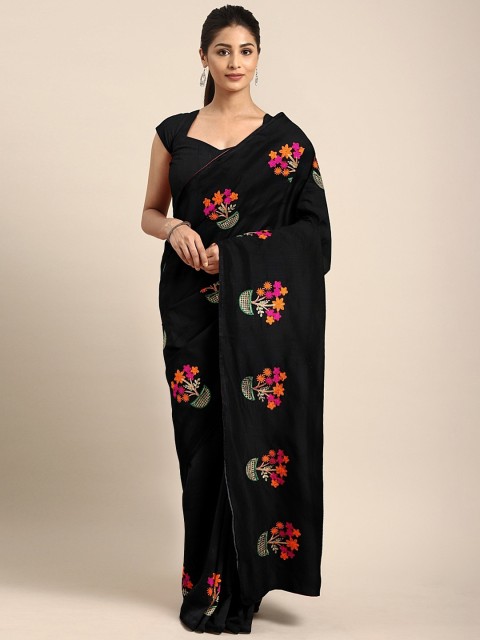 

KALINI Black & Pink Cotton Blend Embroidered Chanderi Saree