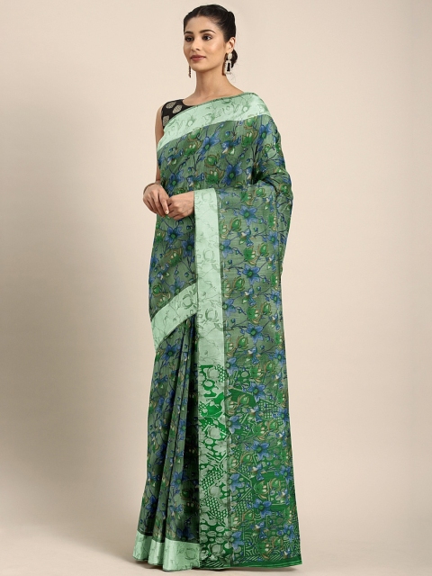 

KALINI Green & Blue Art Silk Floral Printed Mysore Silk Saree
