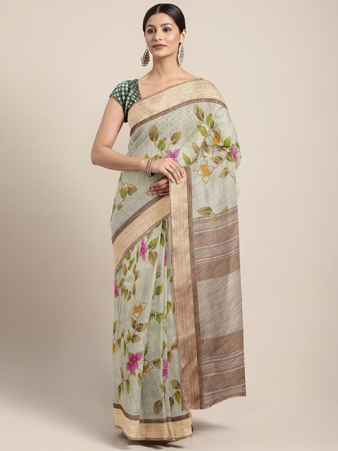 

Mitera Off-White & Green Cotton Blend Printed Saree