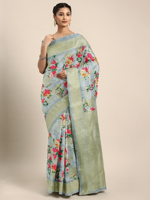 

KALINI Grey & Green Art Silk Floral Printed Mysore Silk Saree