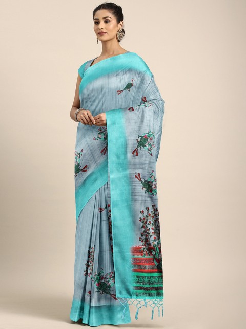 

KALINI Grey & Blue Art Silk Printed Saree