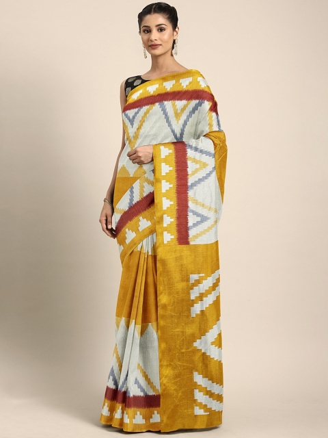 

KALINI White & Mustard Yellow Art Silk Printed Saree