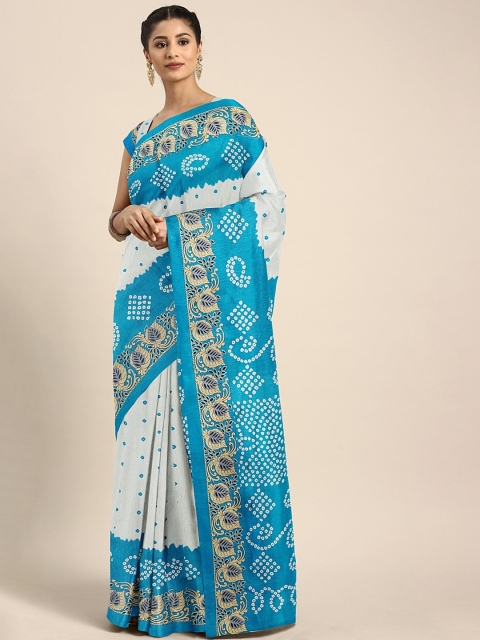 

KALINI White & Blue Art Silk Printed Bandhani Saree