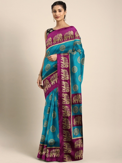 

KALINI Teal Blue & Golden Art Silk Printed Saree