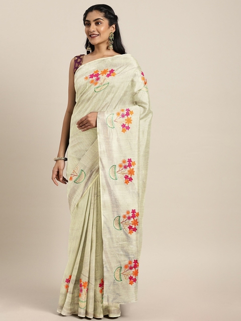 

KALINI Beige & Pink Chanderi Cotton Embroidered Saree