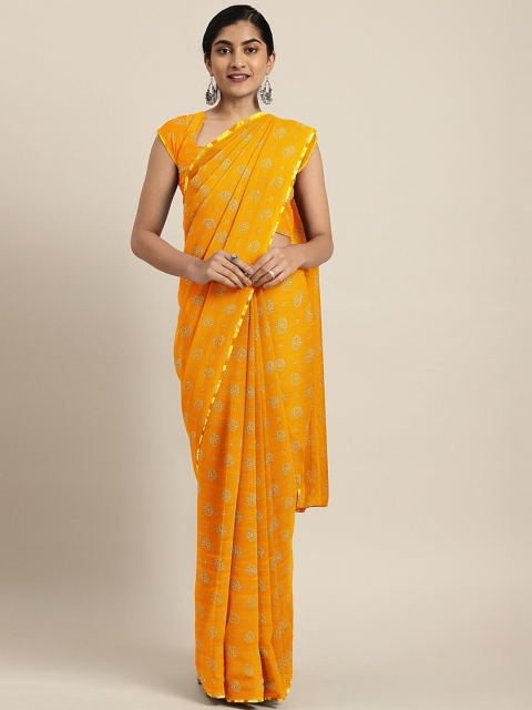 

KALINI Mustard Yellow Poly Georgette Printed Pochampally Saree