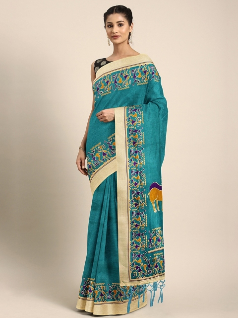 

KALINI Teal Blue Art Silk Printed Khadi Saree